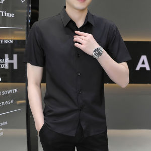 Fashionable Korean Style Mens Shirt Ice Silk Short Sleeve Slim Fit Casual Business Formal Shirt Youth Summer Thin Fabric