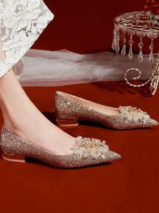 Giày Cao Gót Đế Phẳng Màu Sâm Panh Cho Cô Dâu Giày Đế Bằng Đính Pha Lê Giày Đế Thấp Đính Đá Rhinestone Giày Đế Bằng Đính Đá Rhinestone