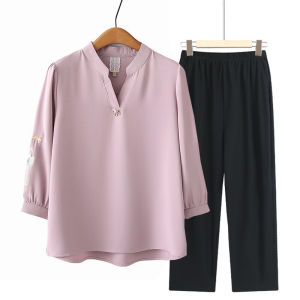 Middle-Aged Mom Summer Clothes Chiffon Suit Fashion Loose Embroider Jacket Middle-Aged and Elderly Womens Noble T-shirt Western Style Small Shirt