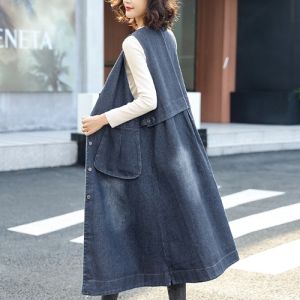 Blue Summer Vest Dress Oversized Long Denim Sleeveless Outerwear Womens Fashion Spring Autumn New Style with Big Pockets