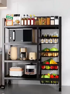 HOLL.MALL เคาน์เตอร์ครัว ชั้นวางของในครัว แบบไม้ + โครงเหล็ก ชั้นวางของอเนกประสงค์ ตู้ เคาน์เตอร์ครัว ตู้เก็บของในครัว ชั้นวางของในครัว