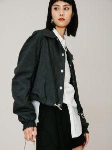 Unrestrained Original Design Waist Hugging with Sleeves Pleating Short coat Women Loose Retro All-Match Long sleeve Cargo Jacket Top