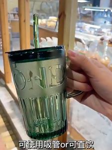 Gelas Tumbler Kaca Diamond Cangkir Estetik Hijau dengan Sedotan Kaca