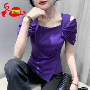 HZW เสื้อเปลือยไหล่แขนจีบติดเพชรเสื้อยืดแฟชั่นของผู้หญิงฤดูร้อน