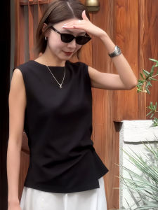 Fashion Versatile Round Collar Solid Color Ruched Waist Sleeveless Tank Top