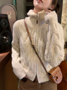 Áo Len Cardigan Dệt Kim Dày Cổ Cao Kiểu Dáng Ngắn Cho Nữ Mùa Đông Có Khóa Kéo Đôi Áo Khoác Ngoài Kiểu Nút Thắt Bằng Lông Cừu