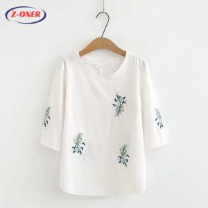 Z-ONER Blouses Women New Style 2023 Retro Printed Blouse Cropped Sleeve Shirt