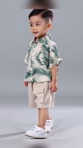 Baby Boys Clothes Set 2Pcs Kids Boys Terno Set 0‑5Y Palm Leaf Hawaiian Print Short Sleeve Shirt Cargo Shorts Toddler Holiday Beach Outfit For Little Boys