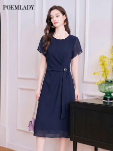 POEMLADY | French Short Sleeve Puff Blue Dress for Work Slim Fit Summer