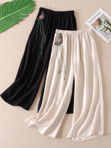 Vintage Art Embroidery Lotus Amoi Cool Silk Linen Loose Pants: A Stylish & Comfortable Choice