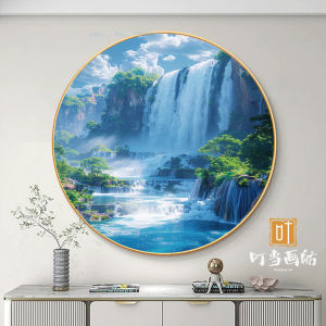 Modern Minimalist round Flowing Waterfall Mountain Landscape Painting Crystal Porcelain Wall Art Living Room Sofa Background Decor