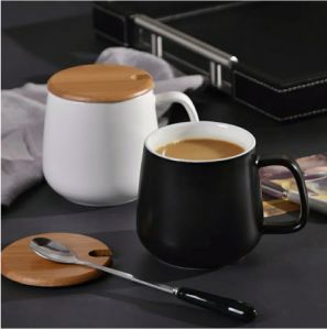 Black and white frosted ceramic mug office household light luxury ceramic cup coffee cup couple cup Spoon with lid