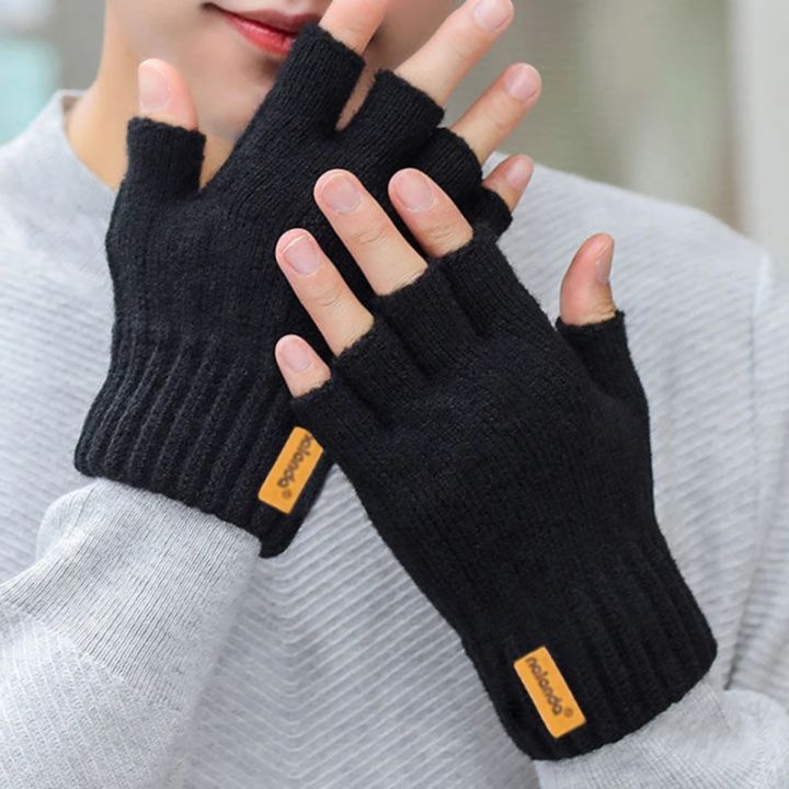 Winter Half-Finger Knitted Gloves for Men: Warm, Stretchy, Thick – Fits Office, Bicycle, Driving & Student Writing