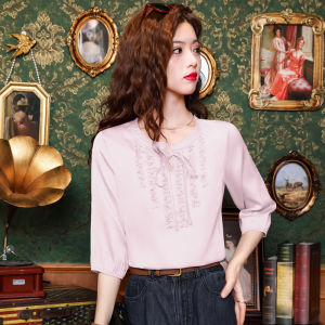 Silk Womens Blouse Half Sleeve Summer New Style Mom Fashion Belly Covering Small Shirt National Style Red Real Silk Shirt