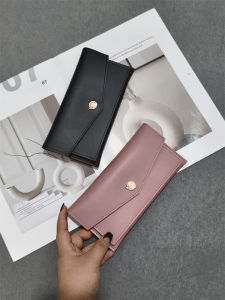 Long Thin Korean Style Womens Wallet Simple Fresh Handheld Coin Purse Fashionable Elegant PU Leather Card Slot Zipper Closure