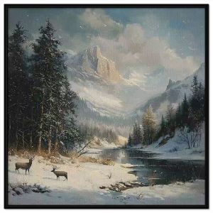 Tranh mùa đông phong cảnh dòng sông băng giữa khu rừng dưới chân dãy núi tuyết.Tranh treo tường dán tường.CGI-1194