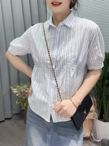 QINGNAER | Trendy Striped Design Commuter Wear Slim Short Sleeve Shirt