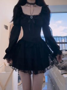 Syj Shuyijia French Style Long Sleeve Womens Dress Frock for Plump Mm Waist Cinched Flared Short Skirt Korean Style A-Line Dress