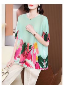 Nova quality⭐One person one pleat ⭐One person one fold ※ Foreign style short sleeve round neck Miyake fold T-shirt female spring 2023 new mother clothes age reduction beautiful loose large size fat mm top
