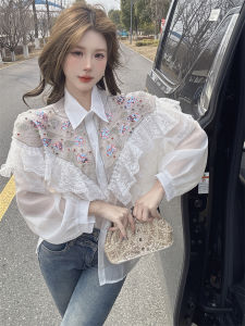 GUZILIAN | Sweet Style Womens Loose Fit Polo Neck Shirt Embroidered French Style With Lace Hemline Spring Fashion Top Casual Retro