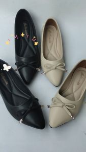 Bellvania Ballet Flats Wanita Elegan Jumbo dengan Ujung Runcing dan Aksen Pita