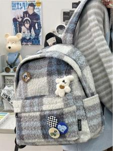 Retro Woolen Plaid Large Capacity Plush Double Shoulder Bag School Bag for Girls Autumn Winter Vintage Style Backpack