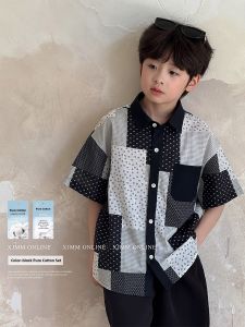 Cotton Plaid Short Sleeve Shirt And Pants Set for Boys Summer Casual Wear Pure Cotton Striped Pattern Button Closure