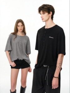 FORNINES | Henley Collar Short Sleeve Loose Wool and Lyocell T Shirt for Couples Summer