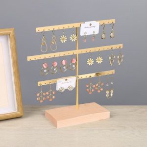 52 Holes Earrings Display Stand Metal Necklace Bracelet Anklet Stud Earring Jewelry Storage Rack Holder With Wooden Base
