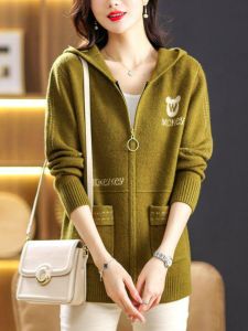 เสื้อแจ็คเก็ตถักมีฮู้ดยาวปานกลางสำหรับผู้หญิง ฤดูใบไม้ผลิและฤดูใบไม้ร่วง ซิป เสื้อสเวตเตอร์แฟชั่นไซส์ใหญ่ เสื้อคาร์ดิแกนเปิด