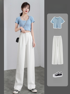 White Wide Leg Pants Womens Summer Thin Ice Silk Suit Pants High Waist Trousers Commute Style Casual Pants High Waist Long Trousers