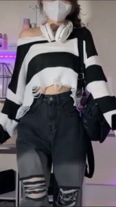 💥[A137] Áo len thun nữ Montoghi dệt kim mỏng KIỂU RÁCH CROPTOP kẻ sọc phong cách QC cá tính - L2M