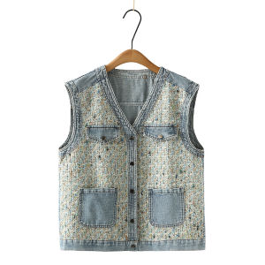 ชุดผู้หญิงแบบใหม่สไตล์เกาหลีสำหรับฤดูใบไม้ผลิและฤดูใบไม้ร่วงเสื้อกั๊กผ้ายีนส์เย็บติดกันสไตล์ชาแนลเสื้อกั๊กไซส์ใหญ่แฟชั่นย้อนยุคสำหรับสาวอวบ