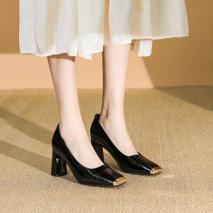 Metallic Chunky Heel Square Toe High Heels Womens Fashionable Comfortable Single Shoes Spring Autumn Popular Not Tired Feet