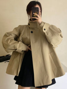 เสื้อแจ็คเก็ตผู้หญิงทรงหลวมแขนยาวฤดูใบไม้ร่วง/ฤดูหนาวคอตั้งสไตล์ย้อนยุค 2 กระดุม ดีไซน์เก๋ไก๋ ทรงหลวม ลำลอง เสื้อคลุมยาว