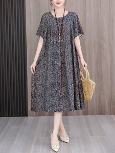 Elegant Mid-Late Adult Womens Summer Dress Loose Fit Cotton Blend with Pockets Fashionable Casual Style Printed round Neck