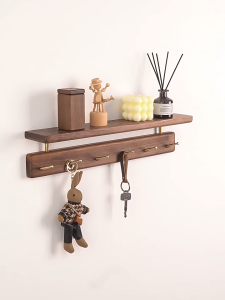 Solid Black Walnut Wood Wall-Mounted Shelf Board with Brass Hooks - Entryway Bedroom & Study Decorative Storage Rack