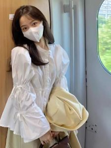 Stylish Stand-up Collar Flared Sleeves Doll Shirt Womens Spring and Autumn Sun Protection Long Sleeves Shirt Niche Style Pleated Slim-Fit Tops Tide