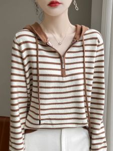 Slimming Striped Knitted Hoodie Casual Bottoming Sweater Long Sleeve Loose Base Shirt Fashionable Age-Defying Half Zipper Design