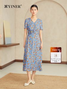 Summer Floral Print V-Neck High Waist Elastic Silk Dress