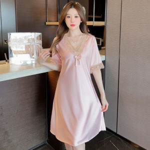 Womens Ice Silk Nightdress Lace Negligees Nighties for Ladies V Neck Sleepwear Nightwear M-3XL