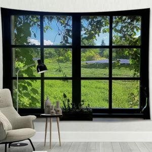 VIKAMA Window Green Field Landscape Tapestry HD Wear-Resistant Background Cloth for Fresh Living Room Decoration