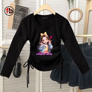 long sleeves crop top wanita model korean kekinian serutan kanan kiri
