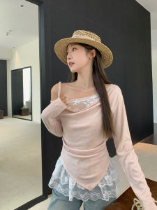 Lace-spliced Off-shoulder False-layer T-shirt
