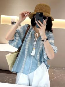 Áo Sơ Mi Nữ Tay Đèn Lồng Rộng Rãi Mùa Hè Mới Ruy Băng Viền Ren Tay Áo Phong Cách Mới Cổ Tròn Tay Ngắn Thường Ngày