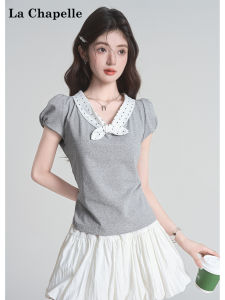 La Chapelle | Bow Dots Tied-up Patchwork Collar Waist-cinching Short Sleeve T-shirt