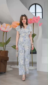 TW22555  Jumpsuit #สาวอวบ แขนระบาย ผ้าพิมพ์ลาย ..