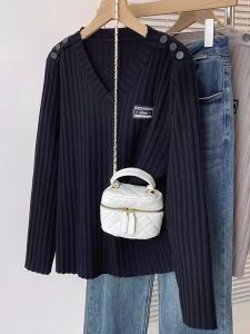 เสื้อสเวตเตอร์คอวีหลวมๆ สำหรับผู้หญิง ทรงหลวม สไตล์เกาหลี ปกติ แขนยาว ปกติ เสื้อคลุมกันหนาว ฤดูใบไม้ร่วง/ฤดูหนาว