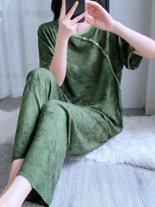 Bộ Đồ Ngủ Lụa Cotton Mùa Hè Cho Nữ Tay Ngắn Quần Dài Rộng Rãi Mỏng Nhẹ Chất Liệu Cotton Nhân Tạo in Họa Tiết Hoa