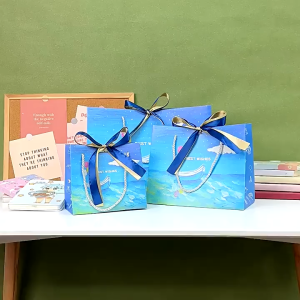 พร้อมส่ง ถุงกระดาษ BEST WISHES โทนสีฟ้า ลายเรือ หูหิ้วเชือก+ริบบิ้นทูโทน2เส้น ใส่ของขวัญ ผ้าขนหนู ของรับไหว้ ถุงรับไหว้